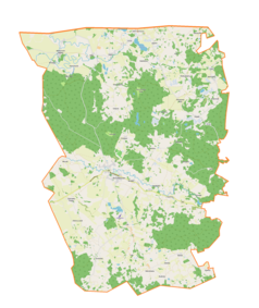 Mapa konturowa gminy Banie Mazurskie, u góry po lewej znajduje się punkt z opisem „Brożajcie”