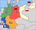 Image 13Occupation zone borders in Germany, 1947. The territories east of the Oder-Neisse line, under Polish and Soviet administration/annexation, are shown as white, as is the likewise detached Saar protectorate. Berlin is the multinational area within the Soviet zone. (from History of East Germany)