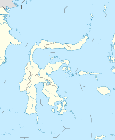 Mapa konturowa Celebesu, u góry po prawej znajduje się punkt z opisem „Tomohon”