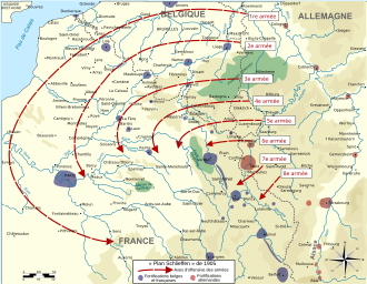 Carte surchargée avec des flèches représentant les armées allemandes passant par la Belgique pour foncer ensuite sur Paris.