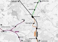 De verschillende spoorverbindingen in en rond Watford.