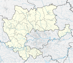 Mapa konturowa powiatu krakowskiego, po lewej nieco u góry znajduje się punkt z opisem „Czerna”