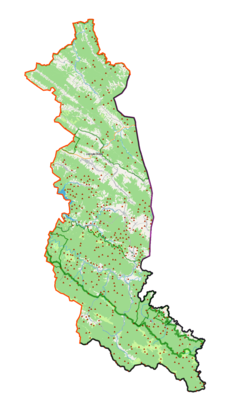 Mapa konturowa powiatu bieszczadzkiego, w centrum znajduje się punkt z opisem „Skorodne”