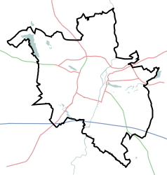 Mapa konturowa Poznania, w centrum znajduje się punkt z opisem „Budynek Teatru Polskiego w Poznaniu”