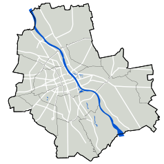 Mapa konturowa Warszawy, blisko centrum na dole znajduje się punkt z opisem „Forum Związków ZawodowychTrade Unions Forum”