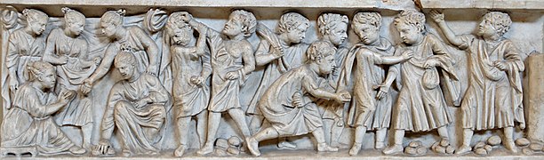 Niños jugando con nueces, panel de un sarcófago, obra romana del siglo III