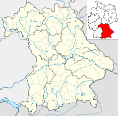 Mapa konturowa Bawarii, na dole znajduje się punkt z opisem „Fürstenfeldbruck”