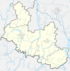 Mapa konturowa powiatu mogileńskiego, po prawej nieco na dole znajduje się punkt z opisem „Młyny”