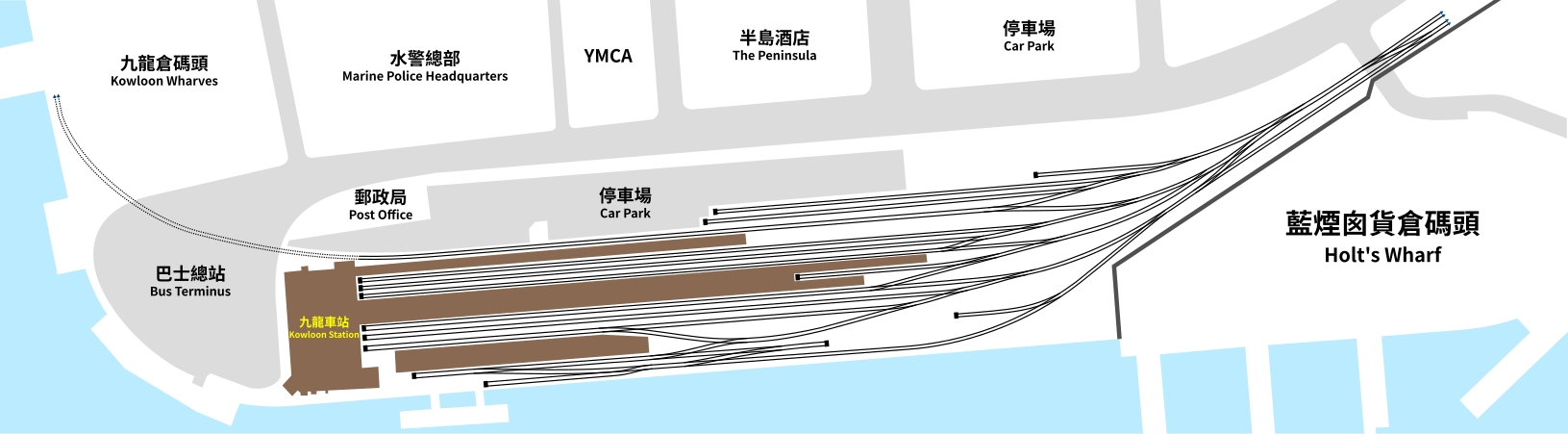 九龍站地圖，由月台末端至九龍倉碼頭的一段路軌（以虛線標示）於1963年或之前拆除。