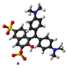 Ball-and-stick model of Green S as a sodium salt