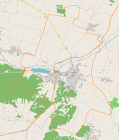 Mapa konturowa Koprzywnicy, blisko centrum na dole znajduje się punkt z opisem „Cmentarz żydowski w Koprzywnicy”