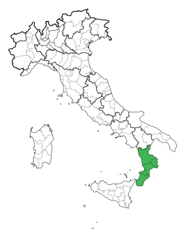 Mapa zvýrazňujúca polohu regiónu Kalábria v Taliansku