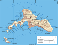 Shaded relief map of Robinson Crusoe Island with blue ocean background