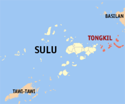 Mapa ng Sulu na nagpapakita sa lokasyon ng Bangulngi (dating Tongkil).