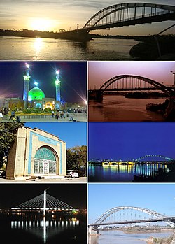 Clockwise from top: White Bridge, Twilight view of White Bridge over Karoon River, Ahvaz Bridge over Karun River at night, Pol Sefid, Pol Hashtom, Jundishapur Medical Center and Masjid Ali Mahziar