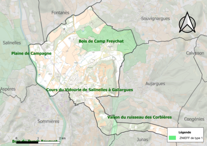 Carte des ZNIEFF de type 1 sur la commune.