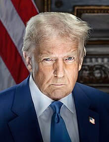 Official 2025 presidential portrait of Donald Trump, an old white man with light blond hair, wearing a blue suit and tie, standing in front of an American flag, scowling