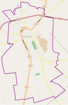 Mapa konturowa Radziejowa, blisko centrum na lewo u góry znajduje się punkt z opisem „Pomnik Tadeusza Kościuszki w Radziejowie”