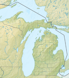 Mapa konturowa Michigan, na dole po prawej znajduje się punkt z opisem „Detroit”