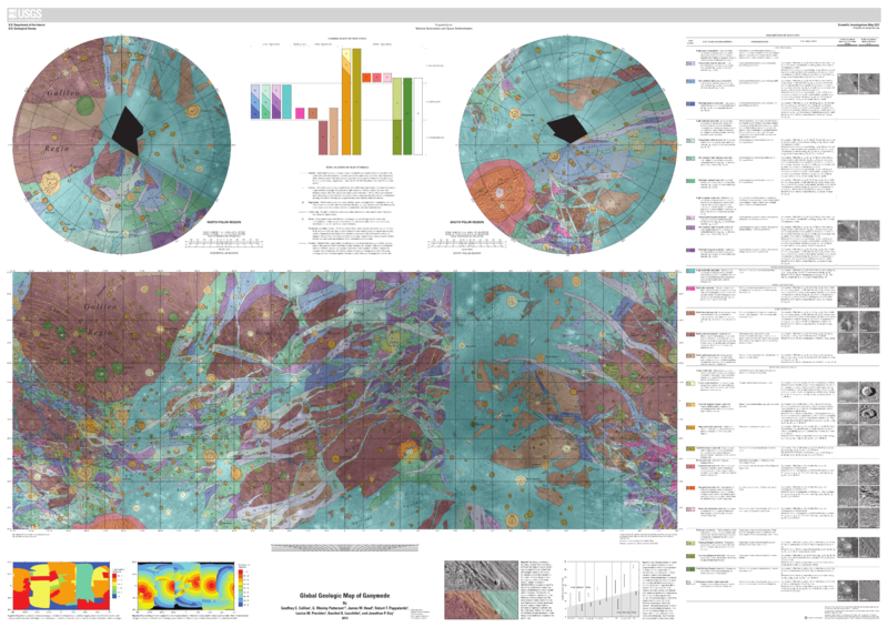 ’n Geologiese kaart van Ganumedes (Februarie 2014). Die ouer streke met ’n lae albedo en baie kraters is rooibruin; jonger dele met ’n hoër albedo is blou as dit groewe het en blougroen as dit glad is (pers is ’n mengsel van gegroef en glad).