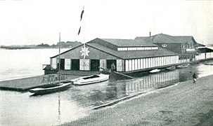 The floating boathouse of the Kölner Rudergesellschaft 1891 in Cologne, Germany