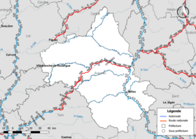 Carte du réseau routier national (autoroutes et routes nationales) dans le département de l'Aveyron