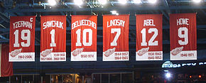 A row of six red banners. The banners, from left to right, read "Yzerman 19" "Sawchuk 1" "Delvecchio 10" "Lindsay 7" "Abel 12" "Howe 9". The Yzerman banner has a small "C" at the top right corner.