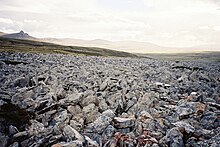 A field of blue-grey and reddish boulders.