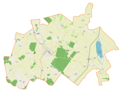 Mapa konturowa gminy Bisztynek, na dole nieco na lewo znajduje się punkt z opisem „Troszkowo”