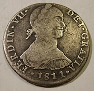 Moneda de dos reales de Fernando VII, Lima, 1811 (ante la inexistencia de un retrato oficial del rey "deseado", cautivo en Bayona, se utilizó una efigie "de fantasía").