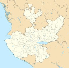 Mapa konturowa Jalisco, po lewej znajduje się punkt z opisem „PVR”