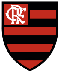 An escutcheon with horizontal red and black stripes, with a monogram of the letters CRF in its upper-left part