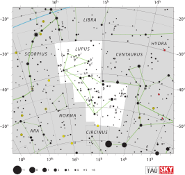 Gamma Lupi is de ster gamma in het sterrenbeeld Wolf (Lupus)