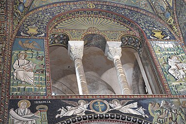 Byzantine rinceaux on a ceiling of Basilica of San Vitale, unknown architect or craftsman, begun in c.532 and consecrated in 548[9]