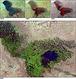 Imagen de satélite de 2001 del lago Chad. El lago se ha reducido en un 95 % desde 1960.[35]​[36]​