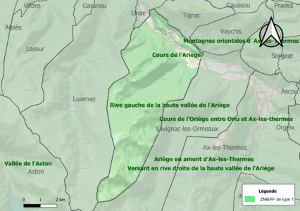 Carte des ZNIEFF de type 1 sur la commune.