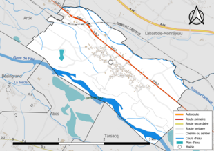 Carte en couleur présentant le réseau hydrographique de la commune