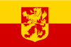 Coat of arms in flag, the flag's top half is yellow, the bottom half red