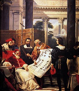 Pope Julius II ordering Bramante and Michelangelo to design St Peter's Basilica, 1827