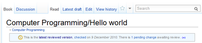 The "Read" tab is selected. Full bar across screen with a yellow eye stating "This is the latest reviewed version, checked as on 9 December 2010. There is 1 pending change awaiting review".