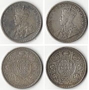 Silver one rupee coins used in India during the British Raj, showing George V, King-Emperor, 1913 (left) and 1919 (right)