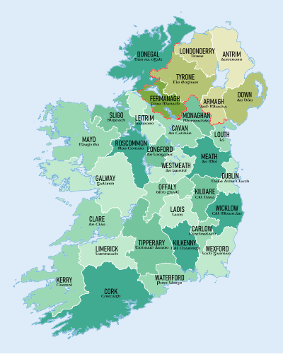 A map of Ireland showing traditional county borders and names with Northern Ireland counties colored tan, all other counties colored green