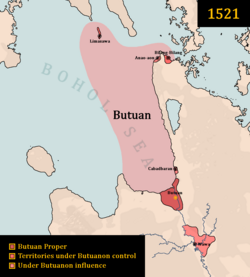 Map of Butuan in 1521, with Butuan proper (colored dark brown), its controlled territories (brown), and territories under its influence (light brown).