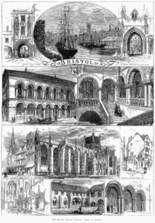 An engraving showing at the top a sailing ship and paddle steamer in a harbour, with sheds and a church spire. On either side arched gateways, all above a scroll with the word "Bristol". Below a street scene showing pedestrians and a horse-drawn carriage outside a large ornate building with a colonnade and arched windows above. A grand staircase with two figures ascending and other figures on a balcony. A caption reading "Exterior, Colston Hall" and Staircase, Colston Hall". Below, two street scenes and a view of a large stone building with flying buttresses and a square tower, with the caption "Bristol cathedral". At the bottom views of a church interior, a cloister with a man mowing grass and archways with two men in conversation.