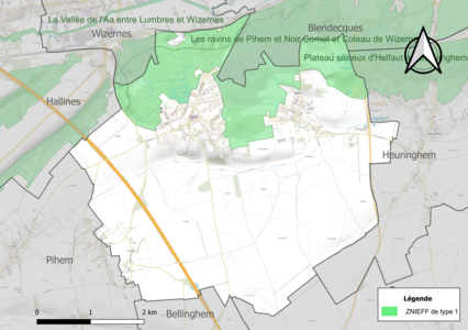 Carte des ZNIEFF de type 1 sur la commune.