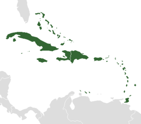 Carte des Antilles (in vert) dins chés Caraïbes.