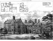 A two-storey house with two wings. In the top left corner are architects' plans of the house.