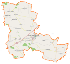 Mapa konturowa gminy Nowe Skalmierzyce, w centrum znajduje się punkt z opisem „Nowe Skalmierzyce”