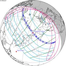 Suomen viimeisin täydellinen auringonpimennys tapahtui 22. heinäkuuta 1990. Suomi on täydellistä pimennystä kuvaavan sinisen alueen alkupäässä ylhäällä.