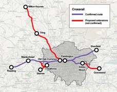 De Elizabeth Line (paars) met voorgestelde verlengingen (rood)